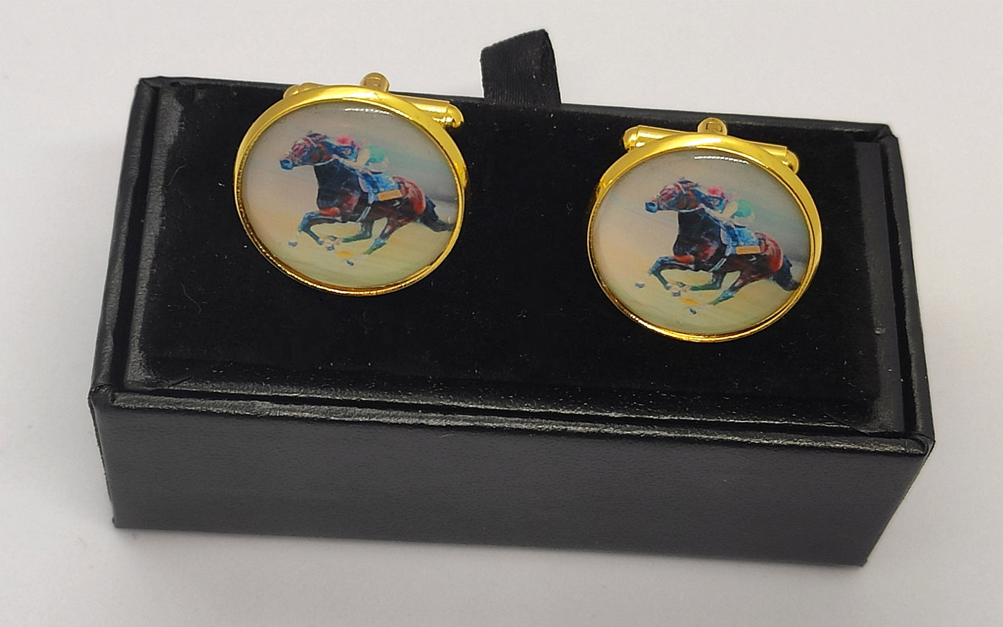 Horse Racing Cuff Links and aTie Clip Set