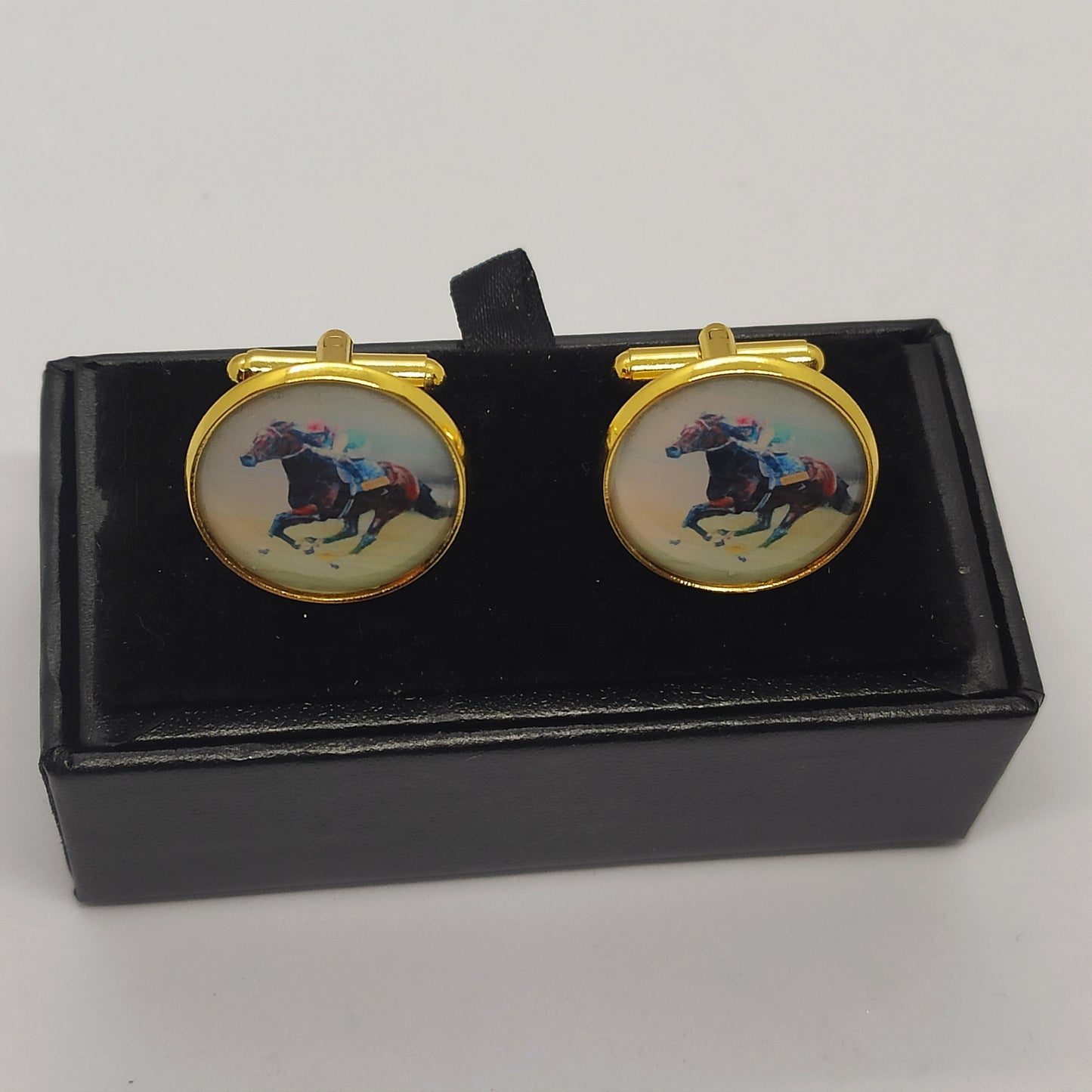 Horse Racing Cuff Links and aTie Clip Set
