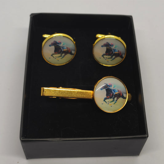 Horse Racing Cuff Links and aTie Clip Set