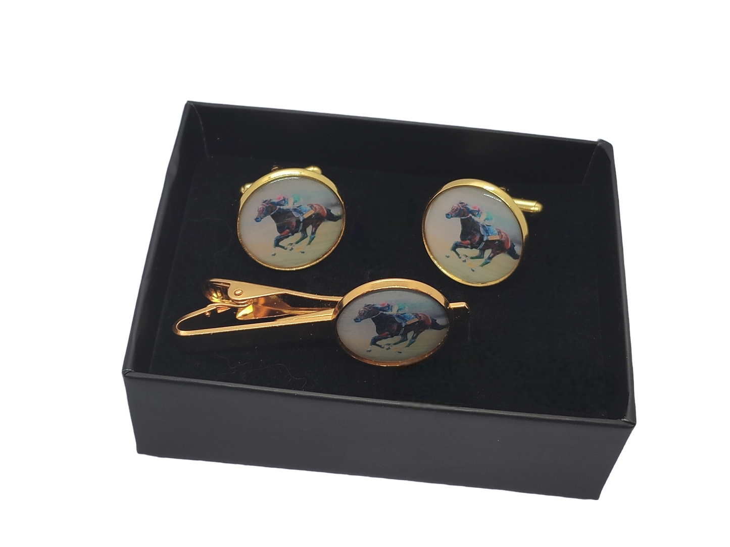 Horse Racing Cuff Links and aTie Clip Set