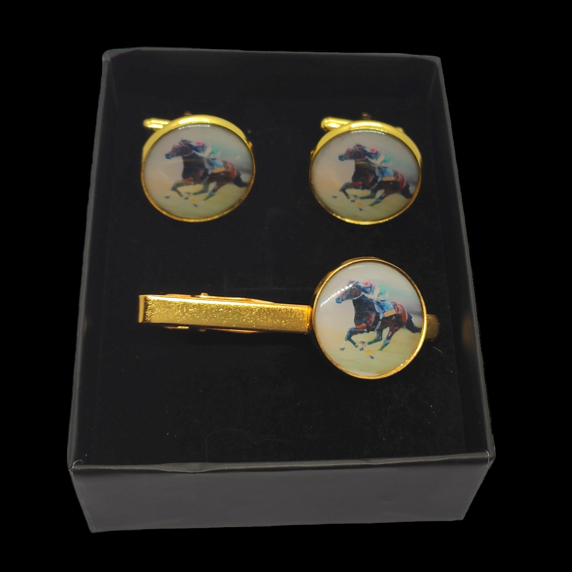 Horse Racing Cuff Links and aTie Clip Set