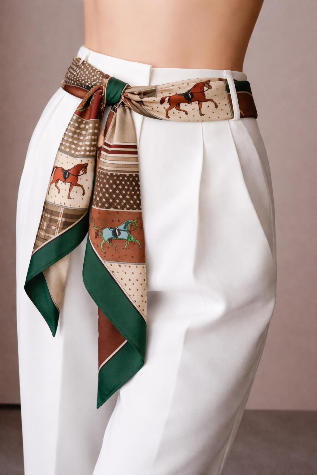 Luxury Equestrian Silky Neck Scarf on Green and Burgundy