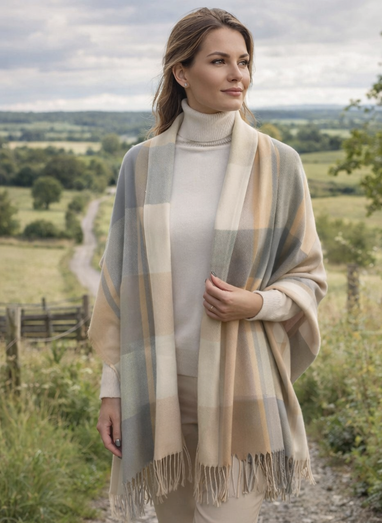 Plaid Pashmina in Muted greys, creams and beige