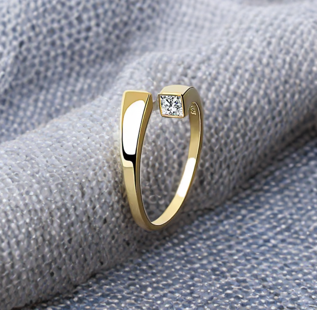 Modern Open Square Crystal Ring - Gold or Silver / Minimalist Statement Jewellery