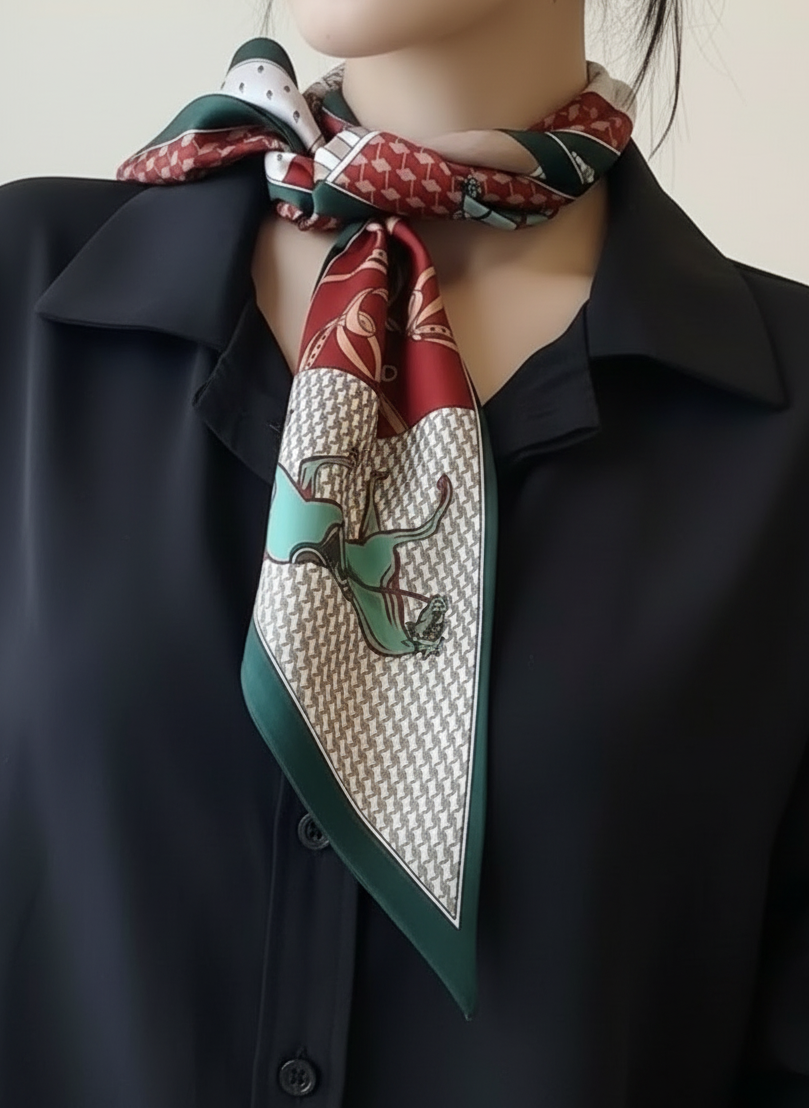 Luxury Equestrian Silky Neck Scarf on Green and Burgundy