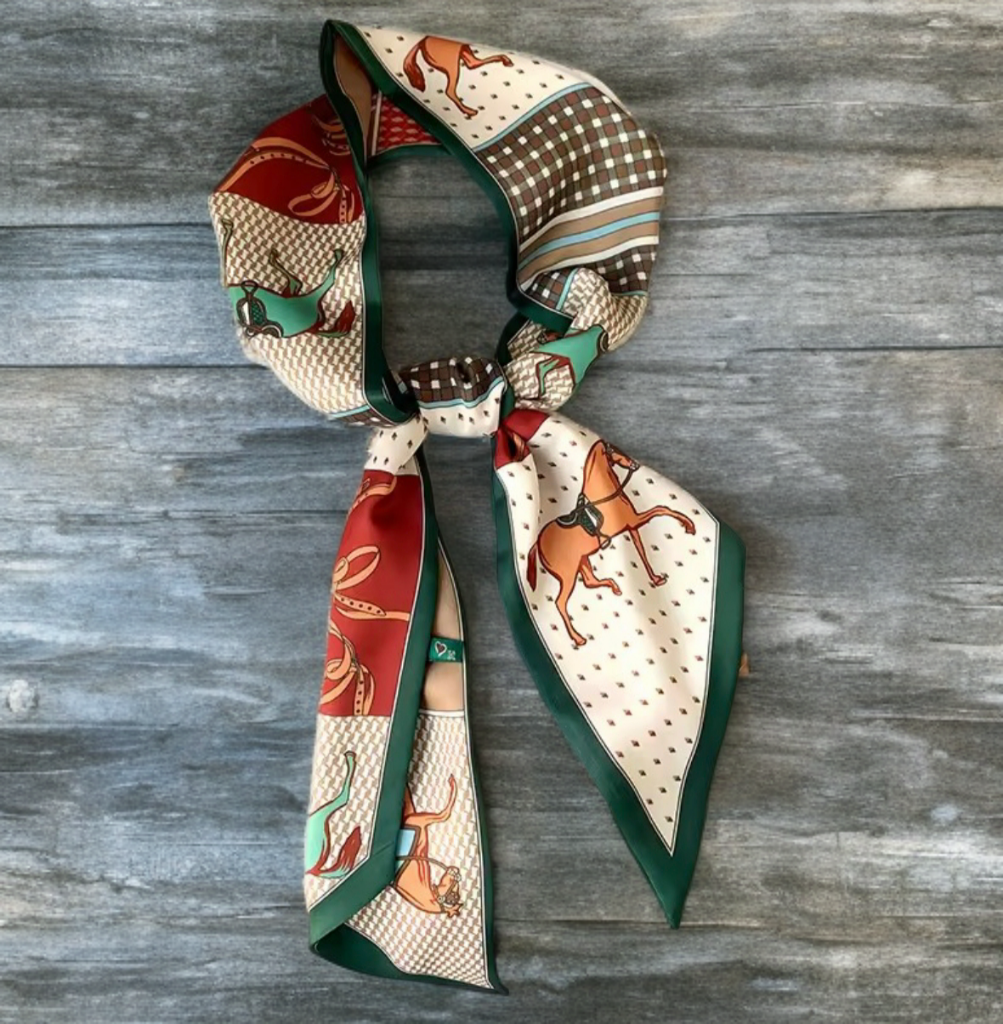 Luxury Equestrian Silky Neck Scarf on Green and Burgundy