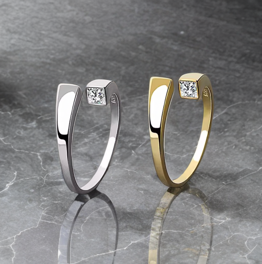 Modern Open Square Crystal Ring - Gold or Silver / Minimalist Statement Jewellery
