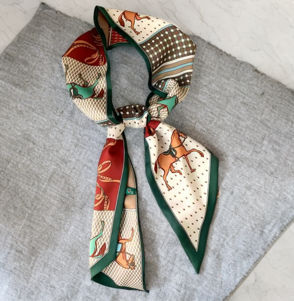 Luxury Equestrian Silky Neck Scarf on Green and Burgundy