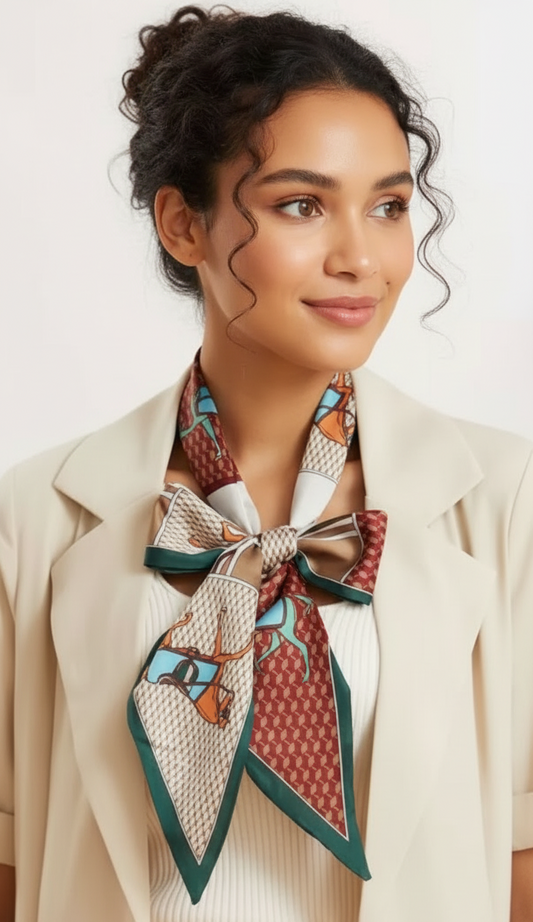 Luxury Equestrian Silky Neck Scarf on Green and Burgundy