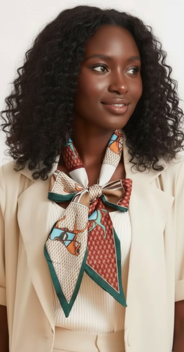 Luxury Equestrian Silky Neck Scarf on Green and Burgundy