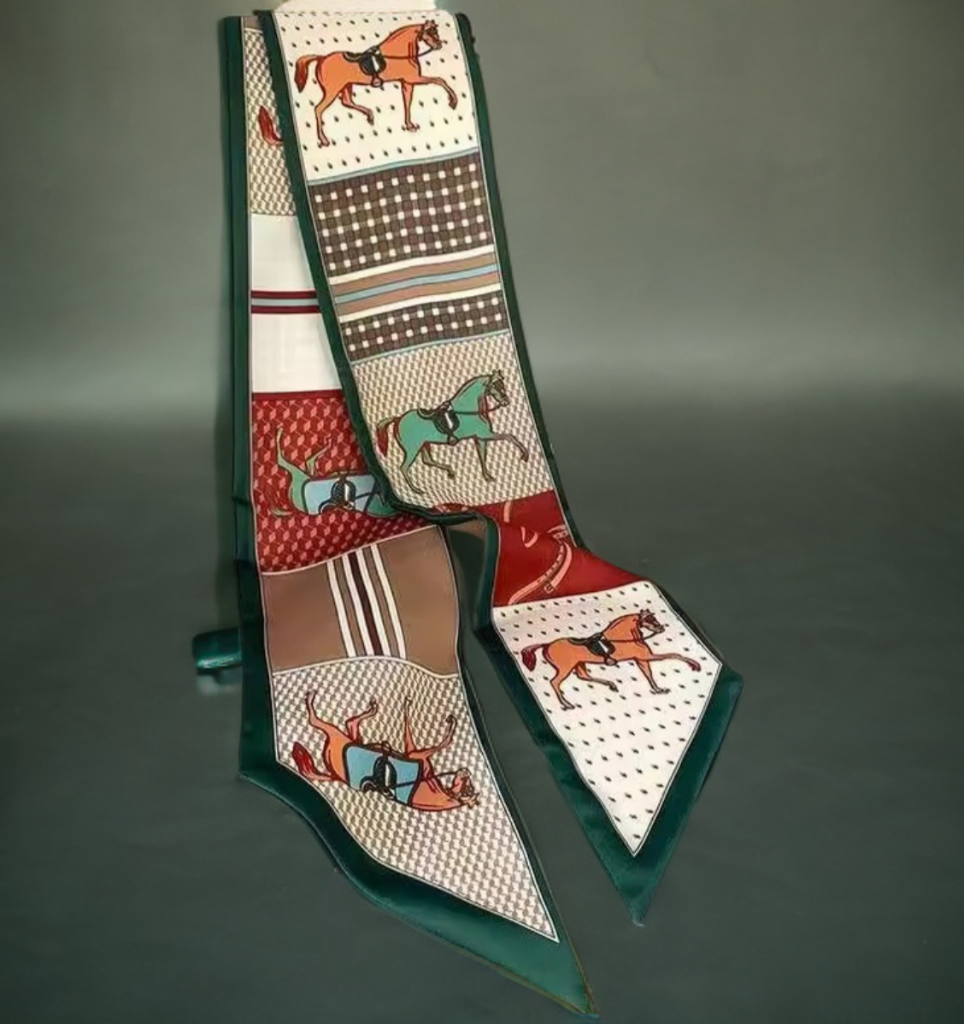 Luxury Equestrian Silky Neck Scarf on Green and Burgundy