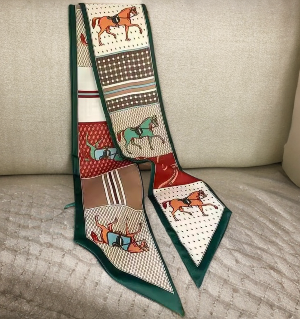Luxury Equestrian Silky Neck Scarf on Green and Burgundy