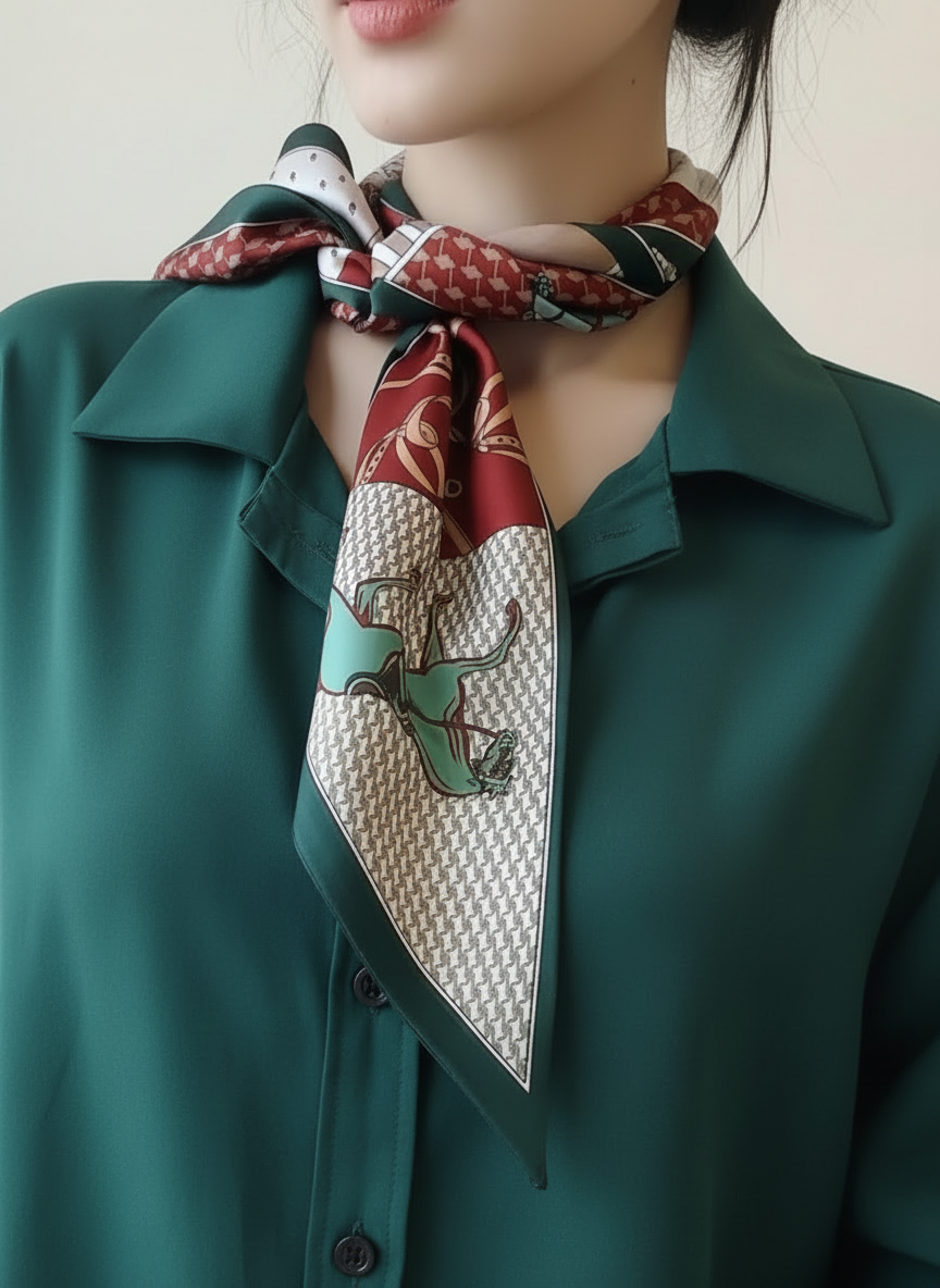 Luxury Equestrian Silky Neck Scarf on Green and Burgundy