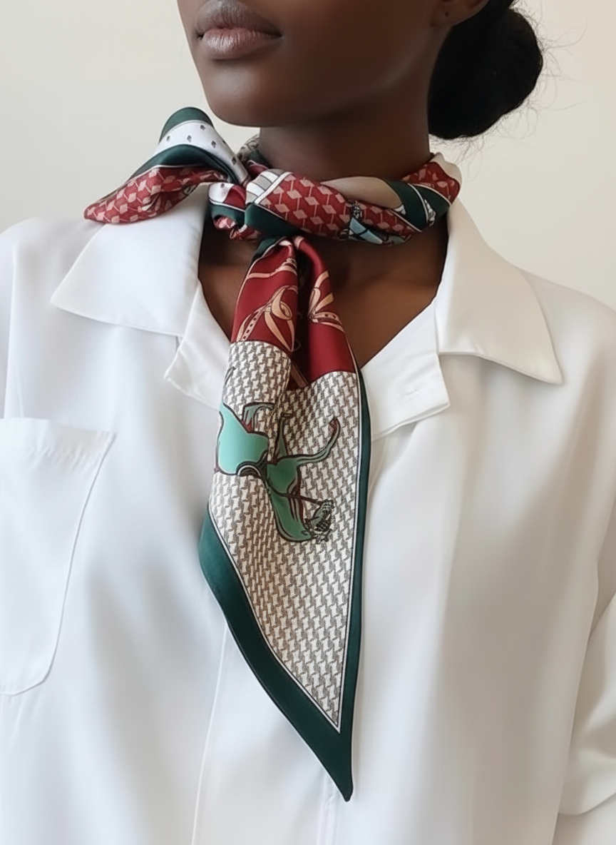Luxury Equestrian Silky Neck Scarf on Green and Burgundy