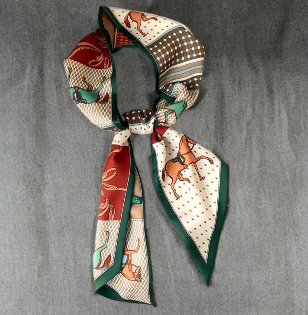 Luxury Equestrian Silky Neck Scarf on Green and Burgundy